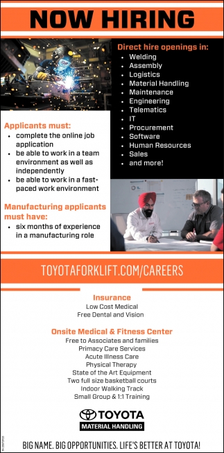 Now Hiring, Toyota Material Handling, Columbus, IN