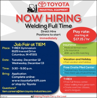 Now Hiring Welding Full Time, Toyota , Columbus, IN